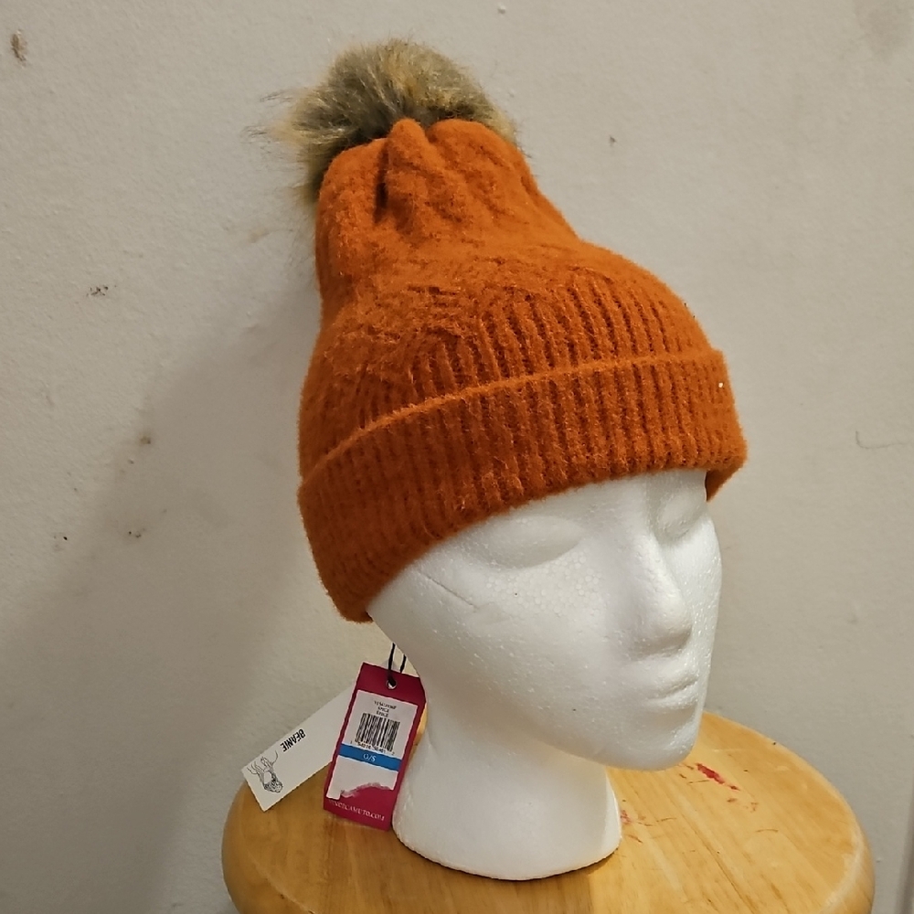 Vince Camuto Orange Knit Pom-Pom Hat